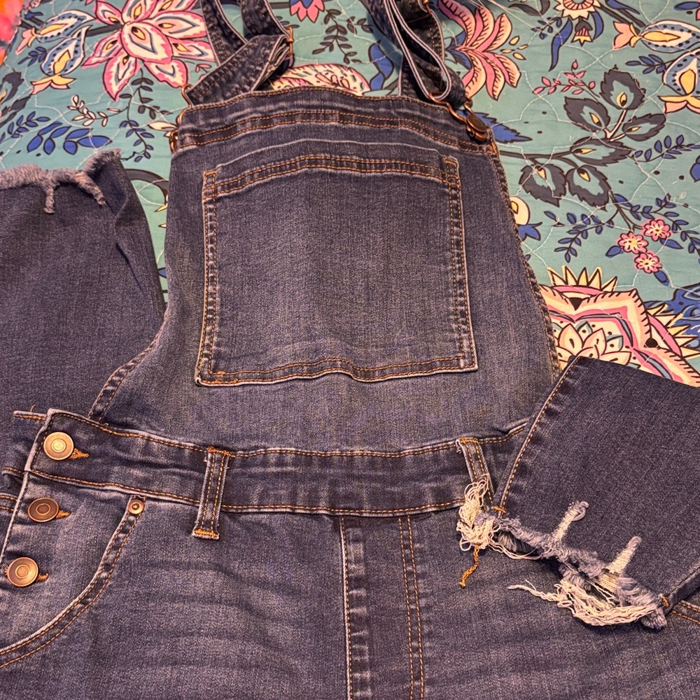 Denim Overalls with Frayed Hem